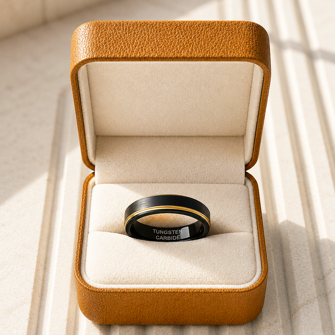 Luther | Brushed Black Gold Step Edge Tungsten Carbide Ring