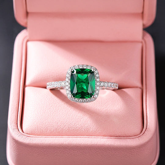 Cushion Halo Emerald Simulant Ring | Clearance | Luxe1883