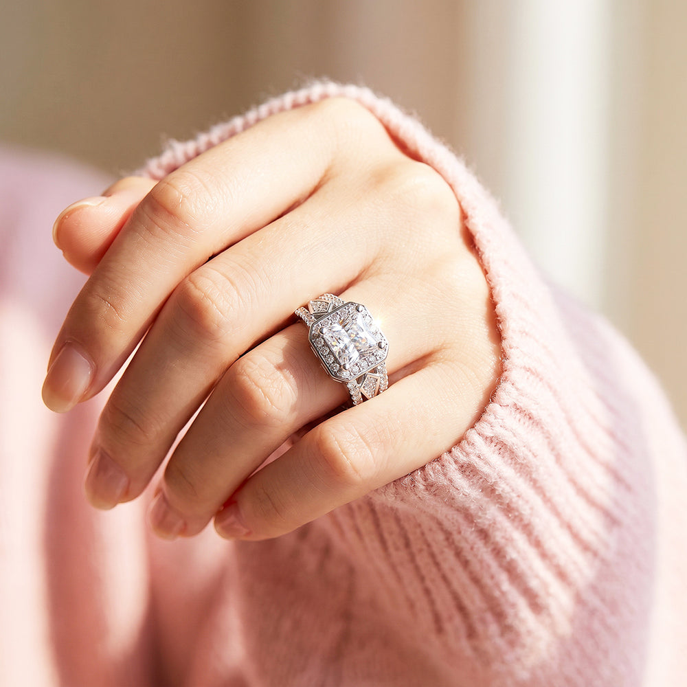 Emerald Cut Split Shank Halo Ring | Women's Ring | Luxe1892 - Clearance