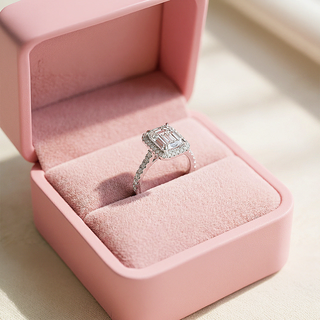 Emerald Cut Halo Engagement Ring | White Gold | Luxe1987 - new designs | Singapore Jewellery, Wedding Rings &amp; Gifts | Same Day Delivery | Tiara.com.sg