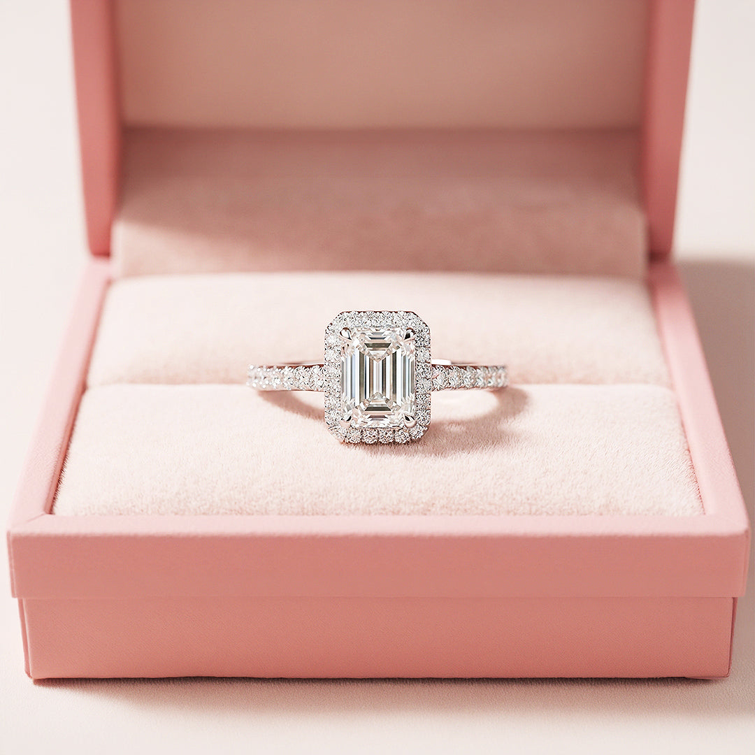 Emerald Cut Halo Engagement Ring | White Gold | Luxe1987 - new designs | Singapore Jewellery, Wedding Rings &amp; Gifts | Same Day Delivery | Tiara.com.sg