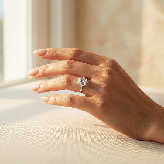 Emerald Cut Halo Engagement Ring | White Gold | Luxe1987 - new designs | Singapore Jewellery, Wedding Rings &amp; Gifts | Same Day Delivery | Tiara.com.sg