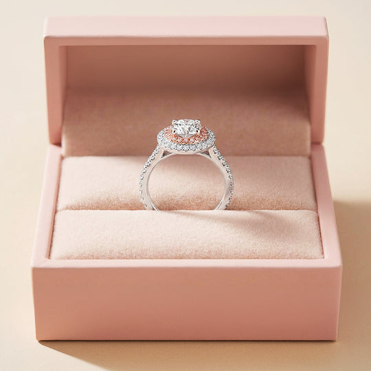 Round Double Halo Pink &amp; White Engagement Ring | Luxe1991 - new designs | Singapore Jewellery, Wedding Rings &amp; Gifts | Same Day Delivery | Tiara.com.sg