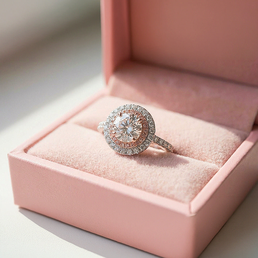 Round Double Halo Pink & White Engagement Ring | Luxe1991 - new designs | Singapore Jewellery, Wedding Rings & Gifts | Same Day Delivery | Tiara.com.sg