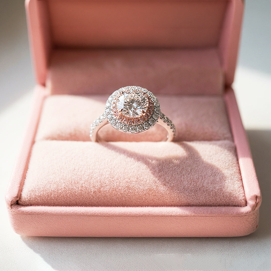 Round Double Halo Pink &amp; White Engagement Ring | Luxe1991 - new designs | Singapore Jewellery, Wedding Rings &amp; Gifts | Same Day Delivery | Tiara.com.sg