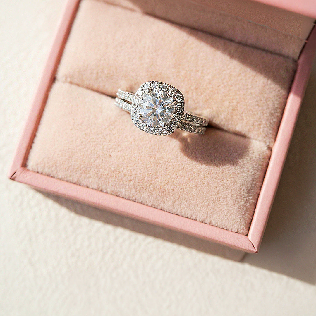 Cushion Halo Bridal Ring Set | White Gold | Luxe1998 - new designs | Singapore Jewellery, Wedding Rings &amp; Gifts | Same Day Delivery | Tiara.com.sg