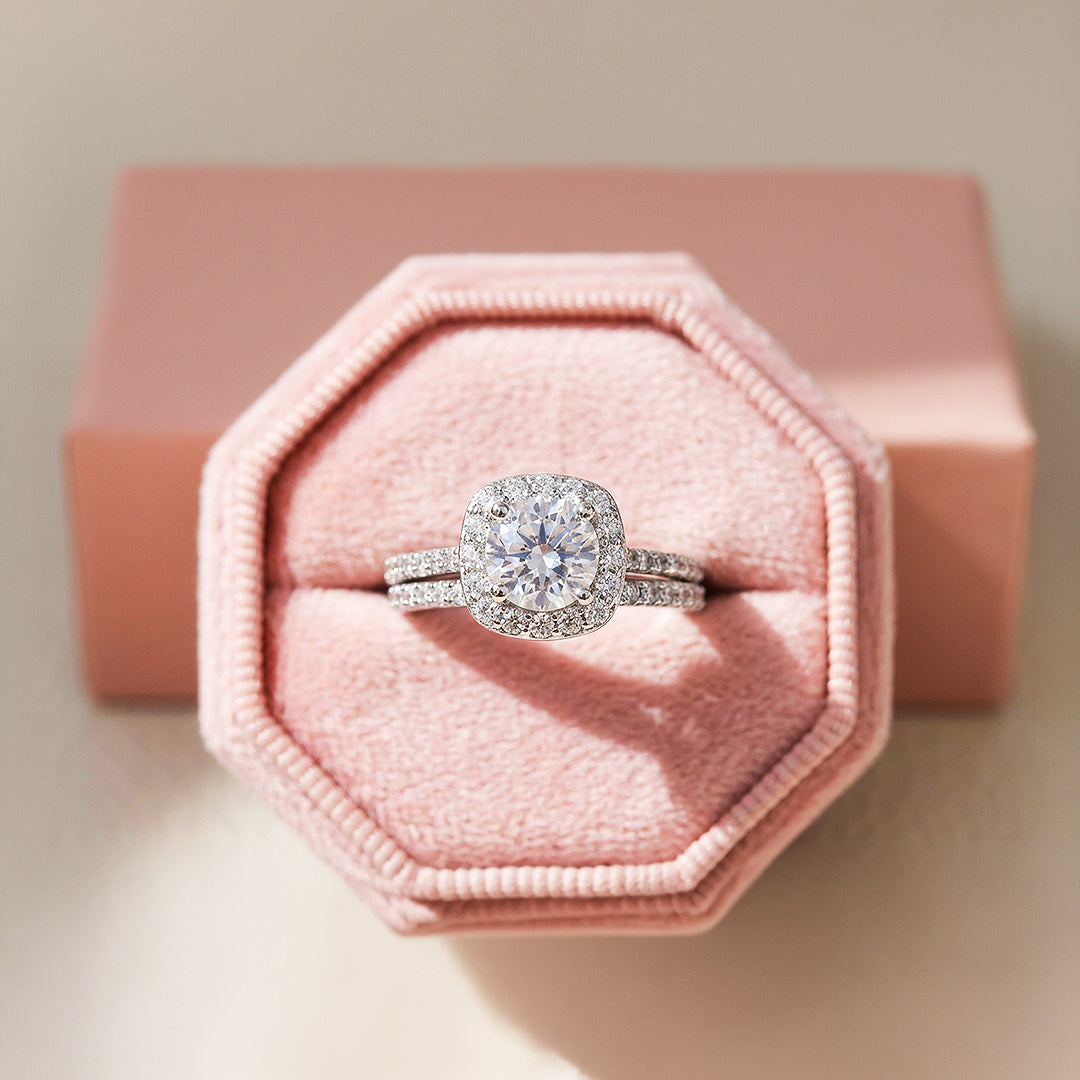 Cushion Halo Bridal Ring Set | White Gold | Luxe1998 - new designs | Singapore Jewellery, Wedding Rings & Gifts | Same Day Delivery | Tiara.com.sg
