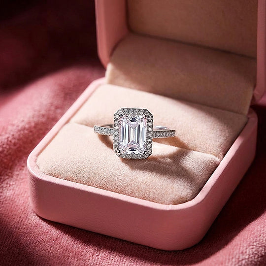 Emerald Cut Halo Engagement Ring | Micro-Set Stone Band | Luxe2024 - Ring | Singapore Jewellery, Wedding Rings &amp; Gifts | Same Day Delivery | Tiara.com.sg