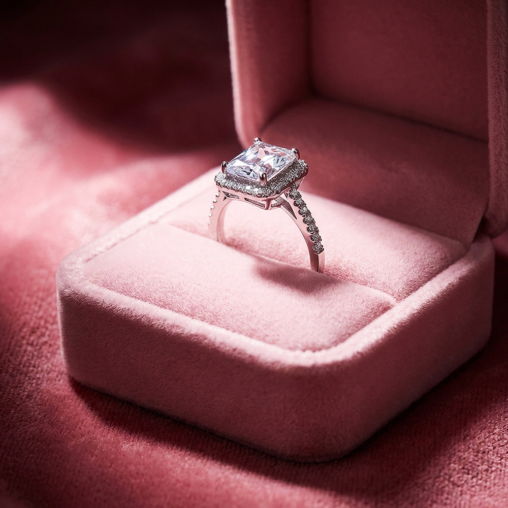 Emerald Cut Halo Engagement Ring | Micro-Set Stone Band | Luxe2024 - Ring | Singapore Jewellery, Wedding Rings & Gifts | Same Day Delivery | Tiara.com.sg