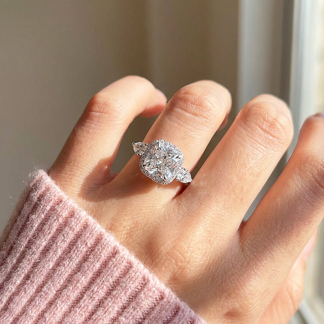 Cushion Cut Halo Engagement Ring | Pear Cluster Shoulders | Luxe2041 - Adjustable Ring | Singapore Jewellery, Wedding Rings &amp; Gifts | Same Day Delivery | Tiara.com.sg