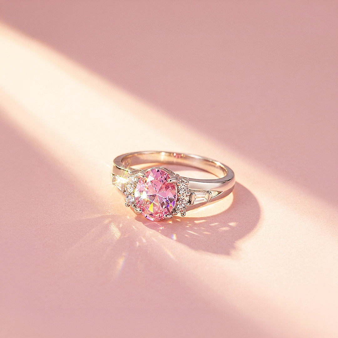 Pink Oval Solitaire Baguette Cluster | Women&