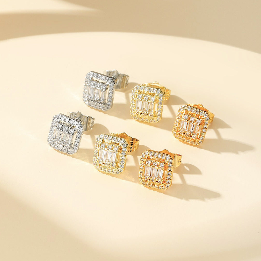 Baguette &amp; Double Halo Stud Earrings | Gold &amp; White Gold | Luxe3632 - Luxe Earrings | Singapore Jewellery, Wedding Rings &amp; Gifts | Same Day Delivery | Tiara.com.sg