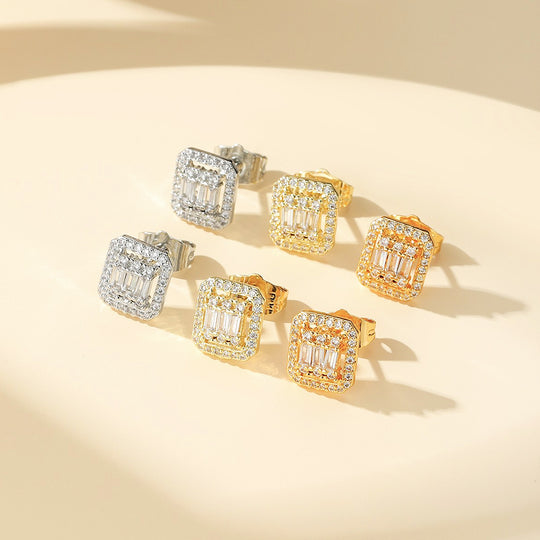 Baguette &amp; Double Halo Stud Earrings | Gold &amp; White Gold | Luxe3632 - Luxe Earrings | Singapore Jewellery, Wedding Rings &amp; Gifts | Same Day Delivery | Tiara.com.sg