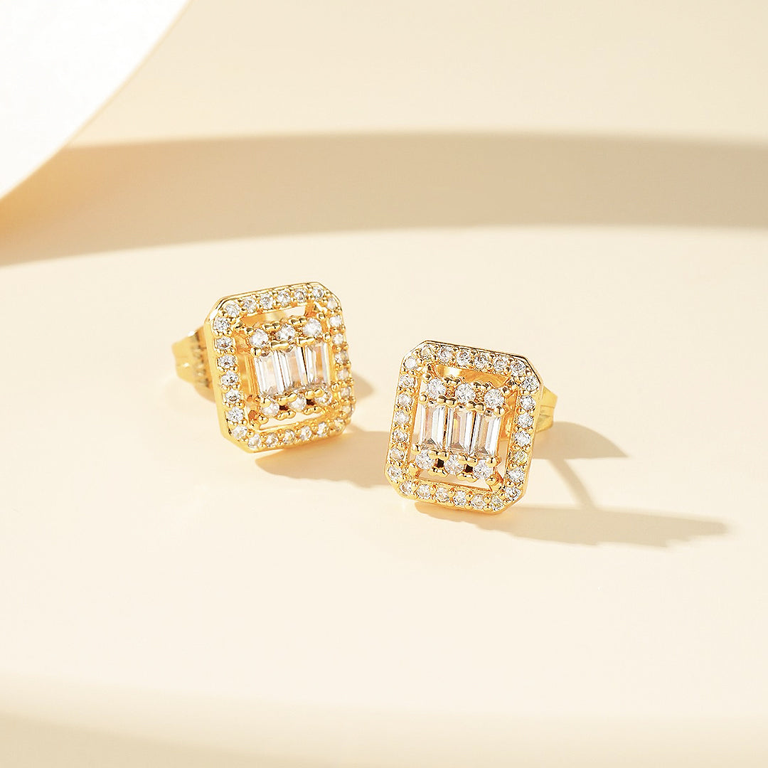 Baguette &amp; Double Halo Stud Earrings | Gold &amp; White Gold | Luxe3632 - Luxe Earrings | Singapore Jewellery, Wedding Rings &amp; Gifts | Same Day Delivery | Tiara.com.sg