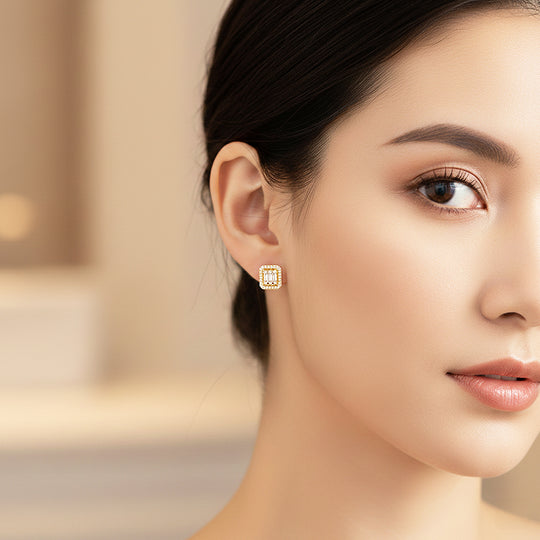 Baguette &amp; Double Halo Stud Earrings | Gold &amp; White Gold | Luxe3632 - Luxe Earrings | Singapore Jewellery, Wedding Rings &amp; Gifts | Same Day Delivery | Tiara.com.sg