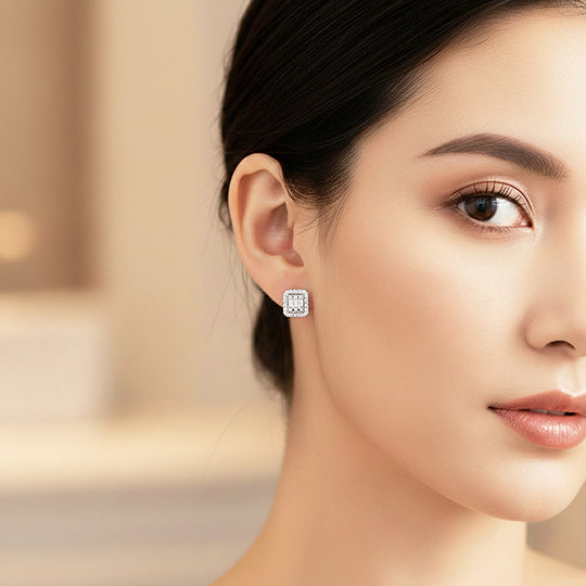 Baguette &amp; Double Halo Stud Earrings | Gold &amp; White Gold | Luxe3632 - Luxe Earrings | Singapore Jewellery, Wedding Rings &amp; Gifts | Same Day Delivery | Tiara.com.sg