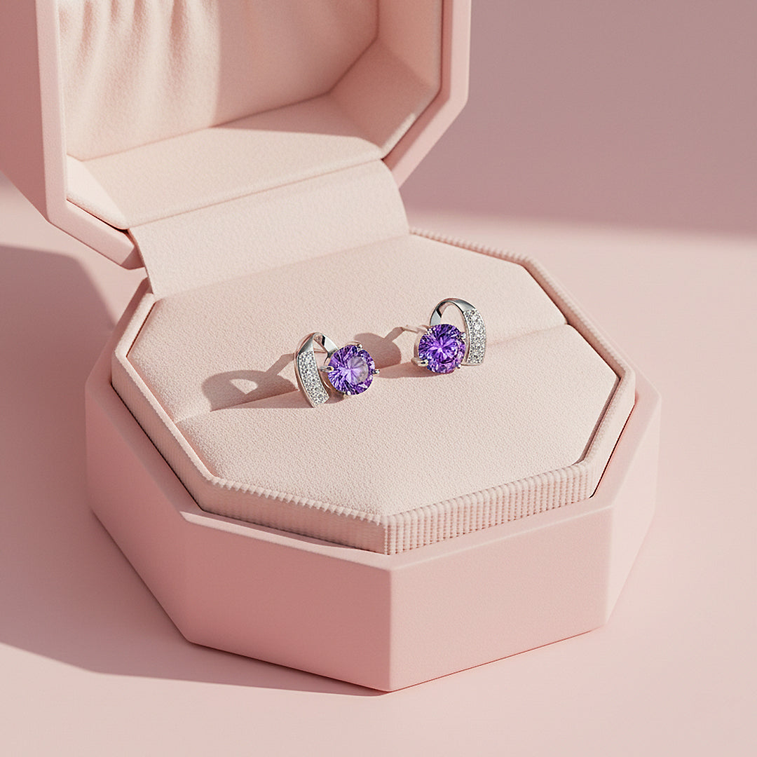Curved Violet Stud Earrings | White Gold | Luxe3649 - Luxe Earrings | Singapore Jewellery, Wedding Rings &amp; Gifts | Same Day Delivery | Tiara.com.sg