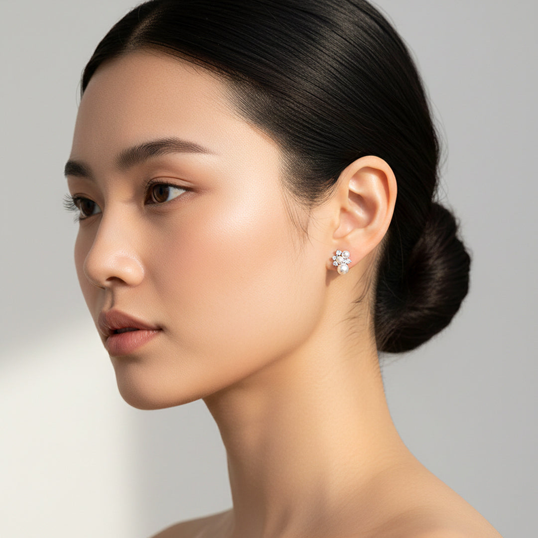 Lilac Pearl &amp; Cluster Stud Earrings | White Gold | Luxe3658 - Luxe Earrings | Singapore Jewellery, Wedding Rings &amp; Gifts | Same Day Delivery | Tiara.com.sg