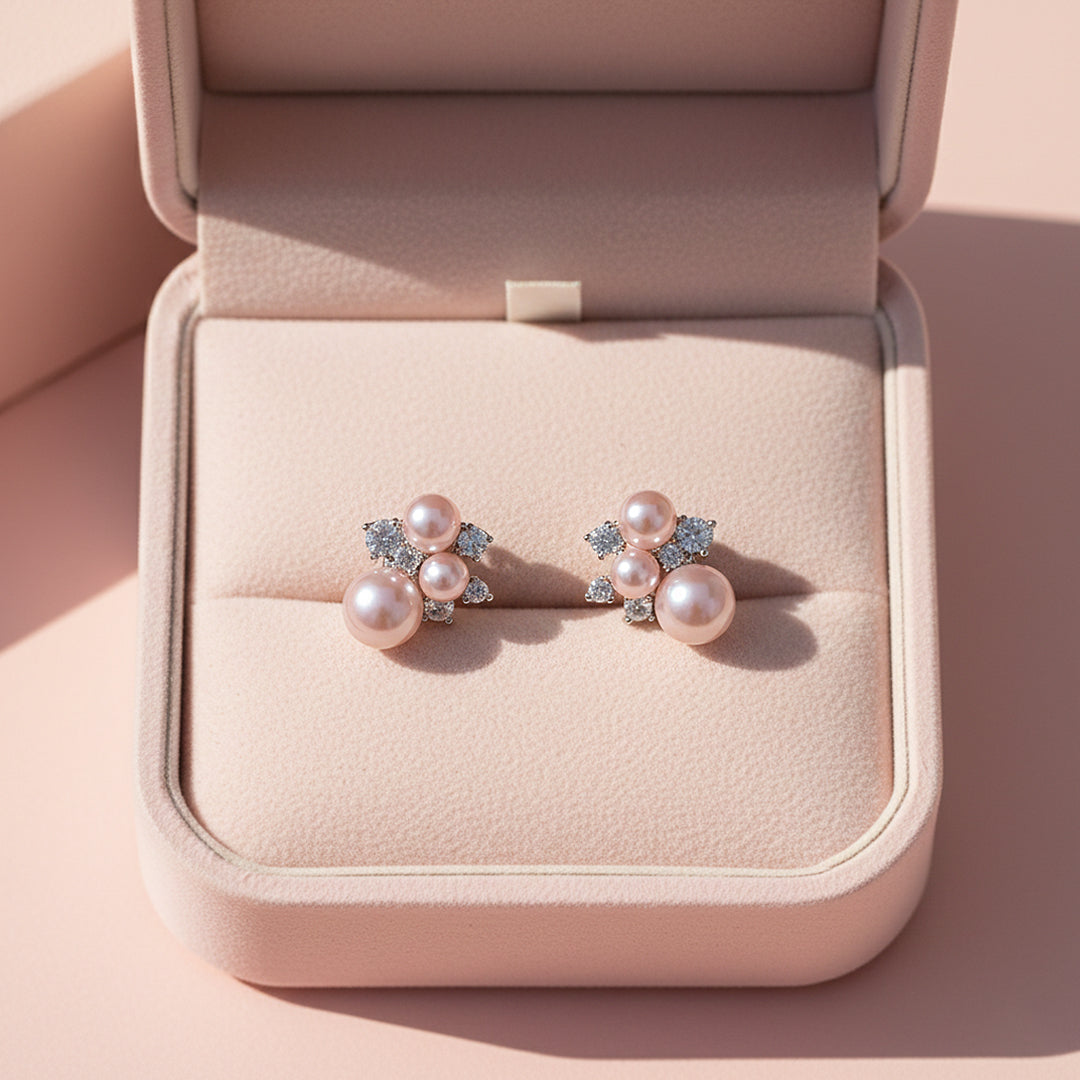 Lilac Pearl & Cluster Stud Earrings | White Gold | Luxe3658 - Luxe Earrings | Singapore Jewellery, Wedding Rings & Gifts | Same Day Delivery | Tiara.com.sg