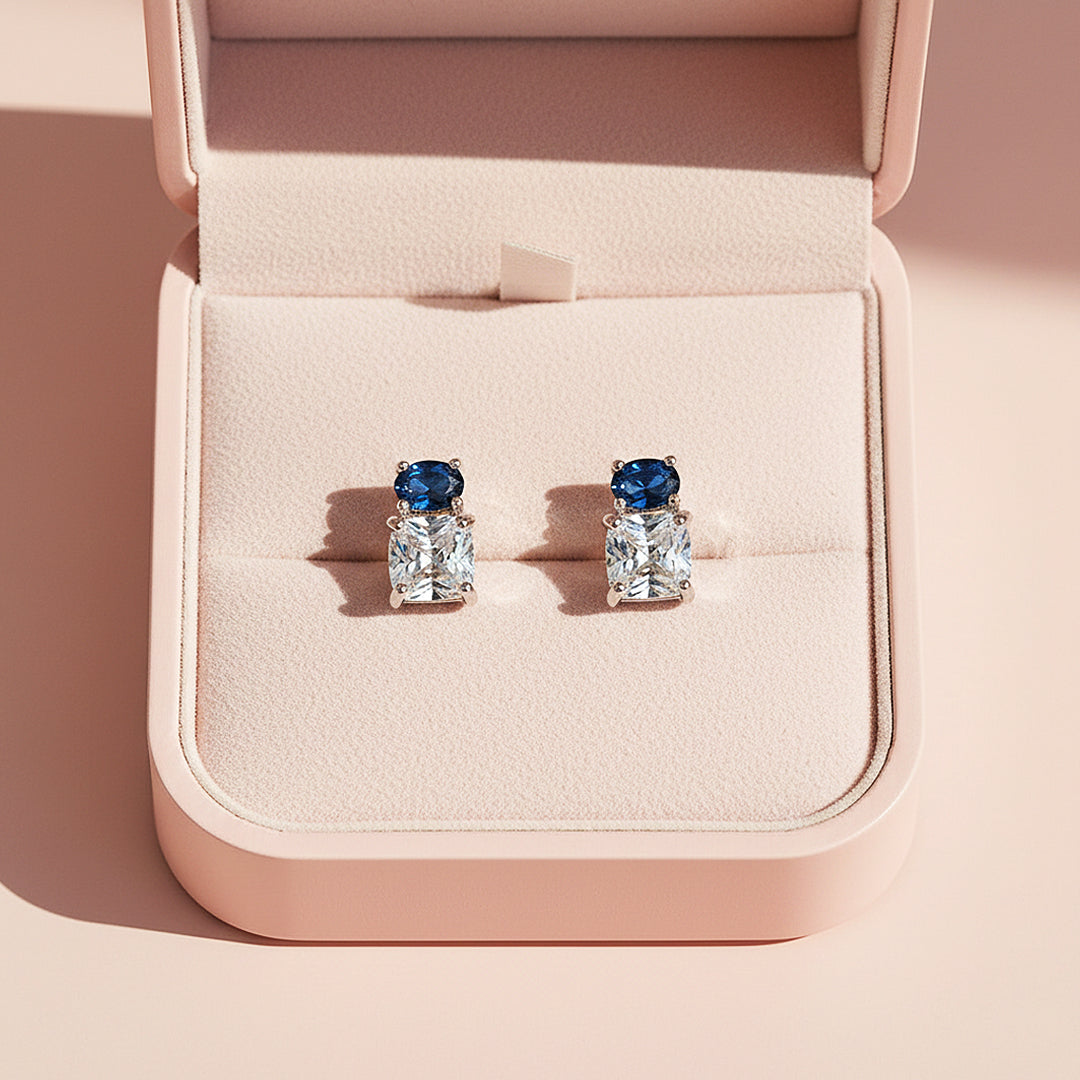 Oval & Princess Cut Stud Earrings | White Gold | Luxe3659 - Luxe Earrings | Singapore Jewellery, Wedding Rings & Gifts | Same Day Delivery | Tiara.com.sg