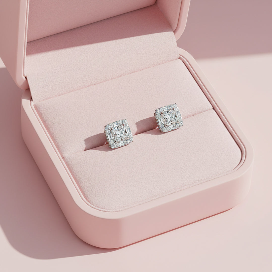 Princess Cut Halo Stud Earrings | White Gold | Luxe3668 - Luxe Earrings | Singapore Jewellery, Wedding Rings &amp; Gifts | Same Day Delivery | Tiara.com.sg