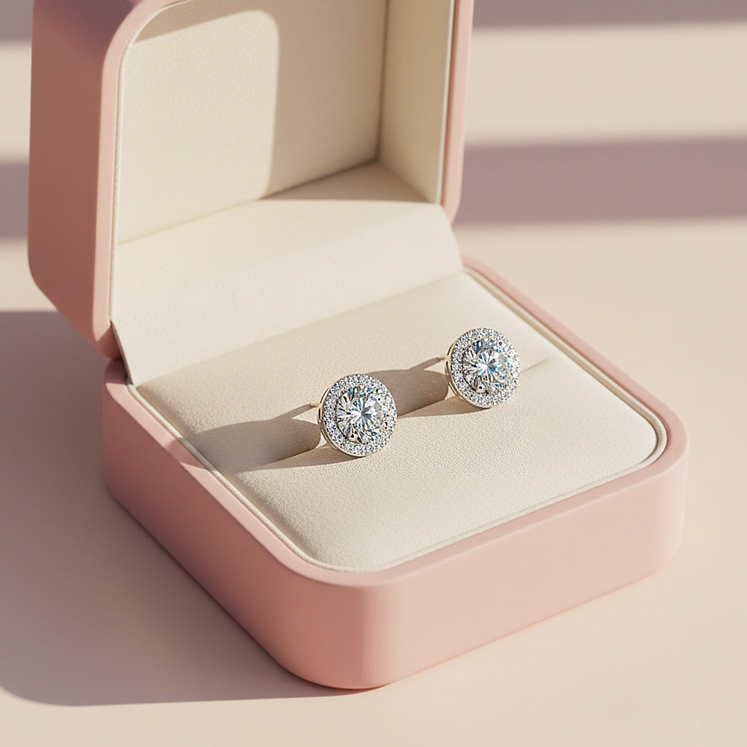 Round Halo Stud Earrings | White Gold | Luxe3669 - Luxe Earrings | Singapore Jewellery, Wedding Rings & Gifts | Same Day Delivery | Tiara.com.sg