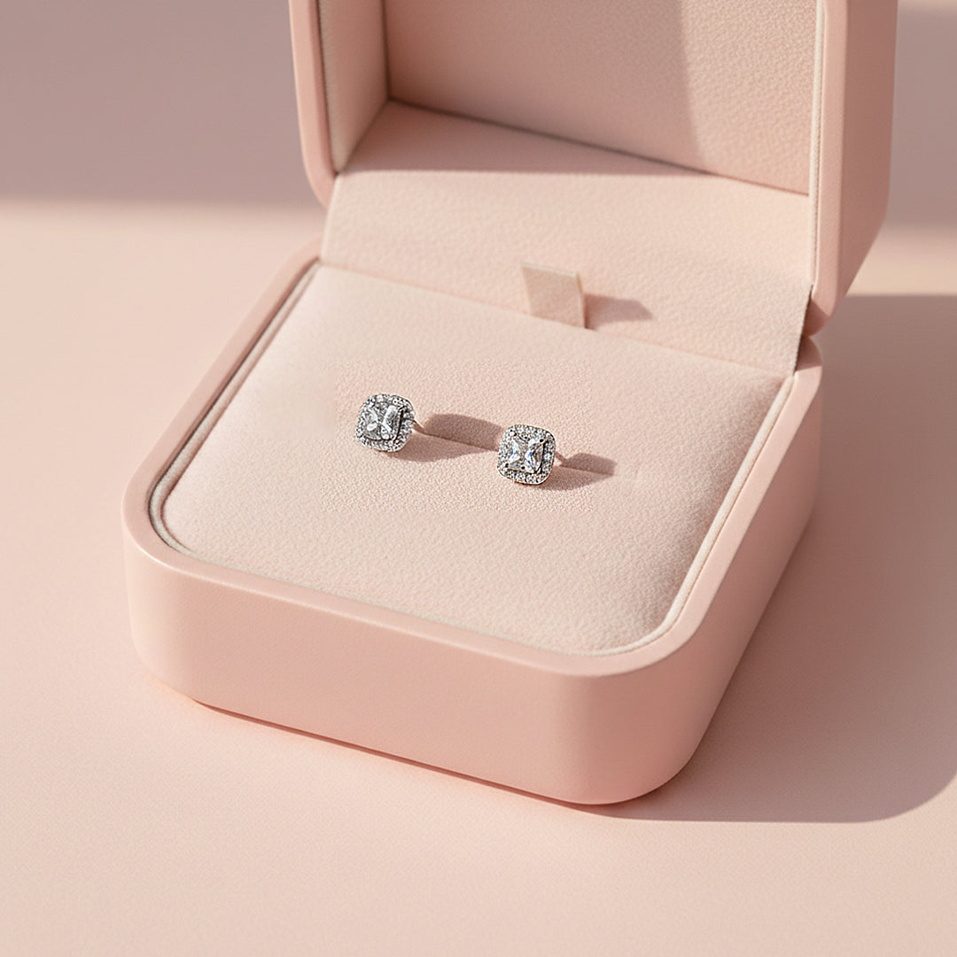 Cushion Halo Stud Earrings | White Gold | Luxe3674 - Luxe Earrings | Singapore Jewellery, Wedding Rings &amp; Gifts | Same Day Delivery | Tiara.com.sg