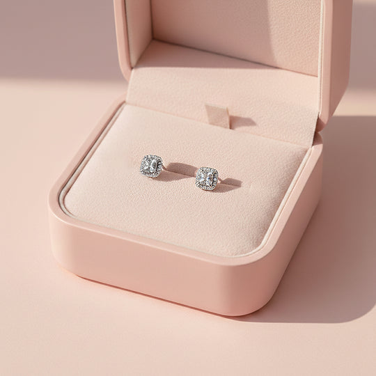 Cushion Halo Stud Earrings | White Gold | Luxe3674 - Luxe Earrings | Singapore Jewellery, Wedding Rings &amp; Gifts | Same Day Delivery | Tiara.com.sg