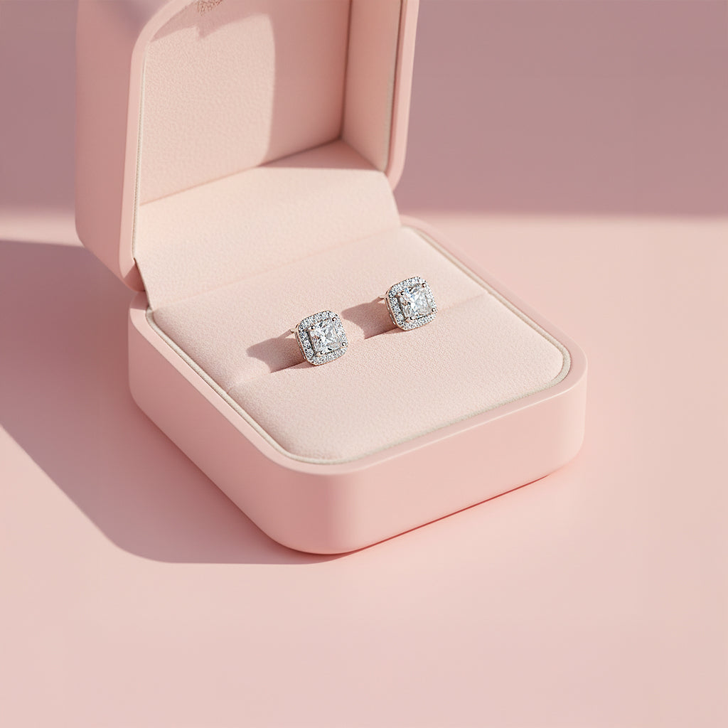 Cushion Halo Stud Earrings | White Gold | Luxe3674 - Luxe Earrings | Singapore Jewellery, Wedding Rings &amp; Gifts | Same Day Delivery | Tiara.com.sg