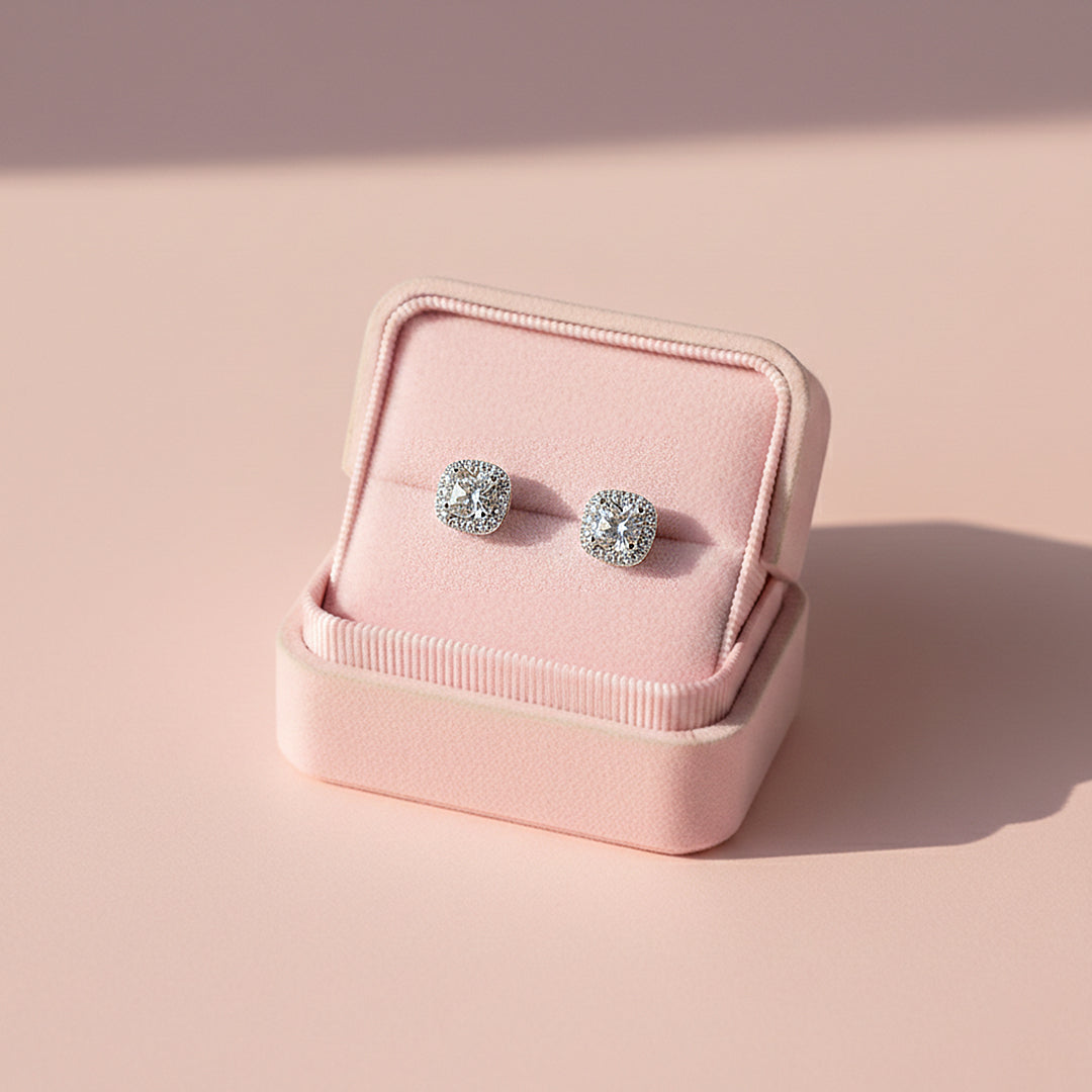 Cushion Halo Stud Earrings | White Gold | Luxe3674 - Luxe Earrings | Singapore Jewellery, Wedding Rings &amp; Gifts | Same Day Delivery | Tiara.com.sg