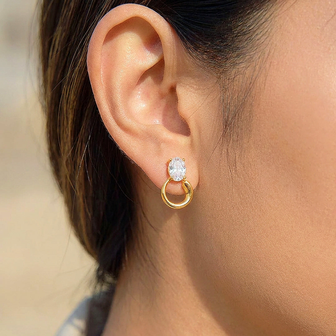 Oval Solitaire &amp; Ring Drop Stud Earrings | Luxe3715