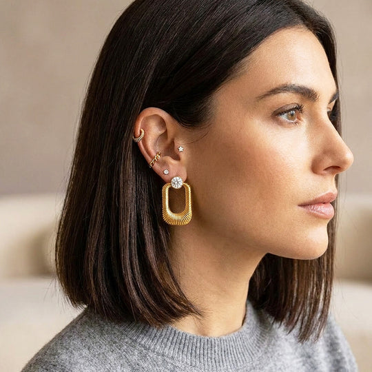 Ribbed Oval Drop &amp; Solitaire Stud Earrings | Luxe3716
