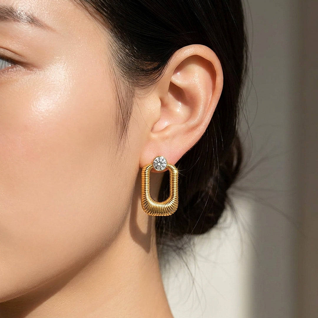Ribbed Oval Drop &amp; Solitaire Stud Earrings | Luxe3716