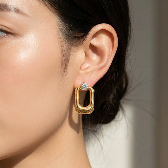 Ribbed Oval Drop &amp; Solitaire Stud Earrings | Luxe3716