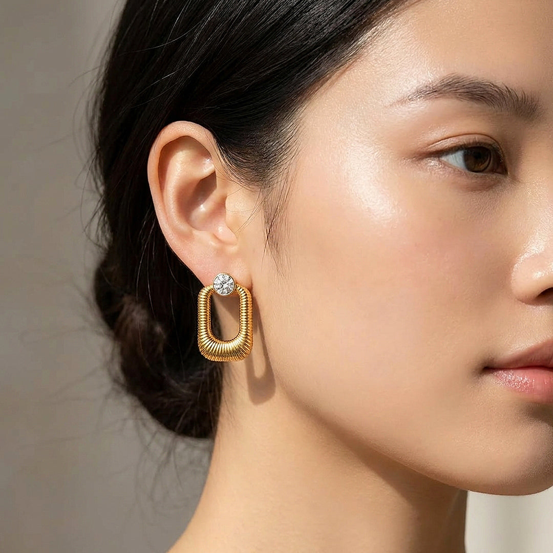 Ribbed Oval Drop &amp; Solitaire Stud Earrings | Luxe3716