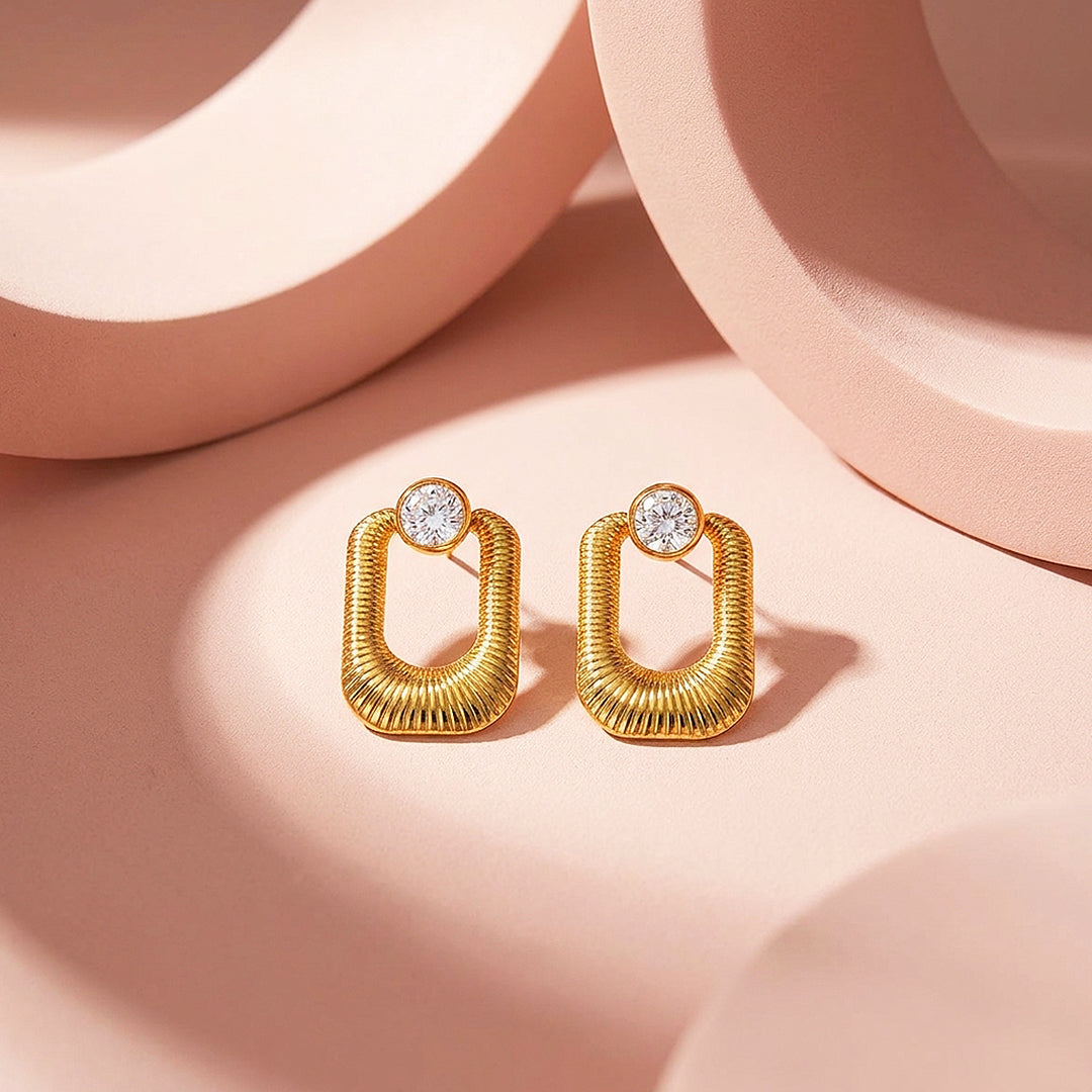 Ribbed Oval Drop &amp; Solitaire Stud Earrings | Luxe3716