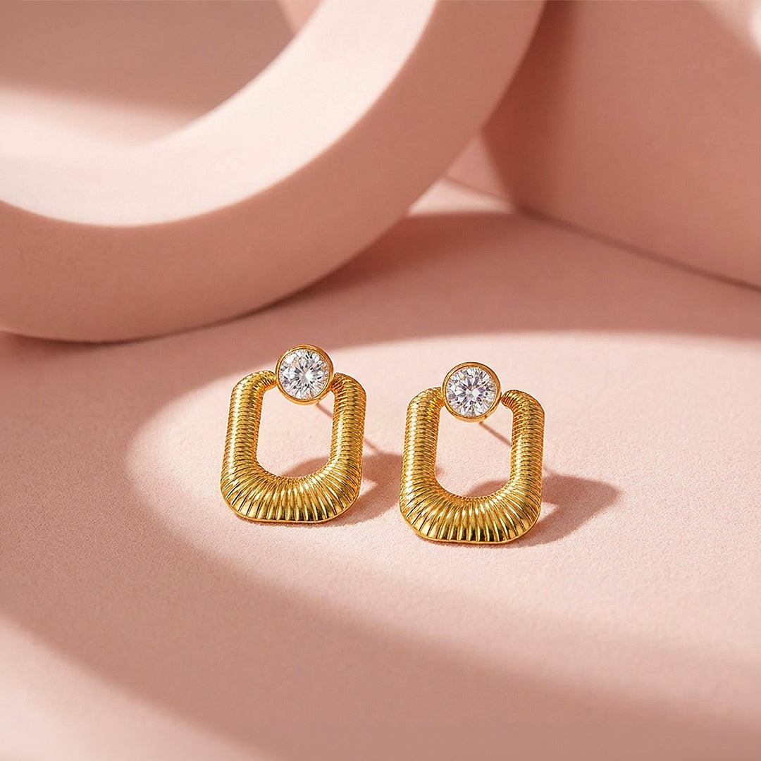 Ribbed Oval Drop &amp; Solitaire Stud Earrings | Luxe3716