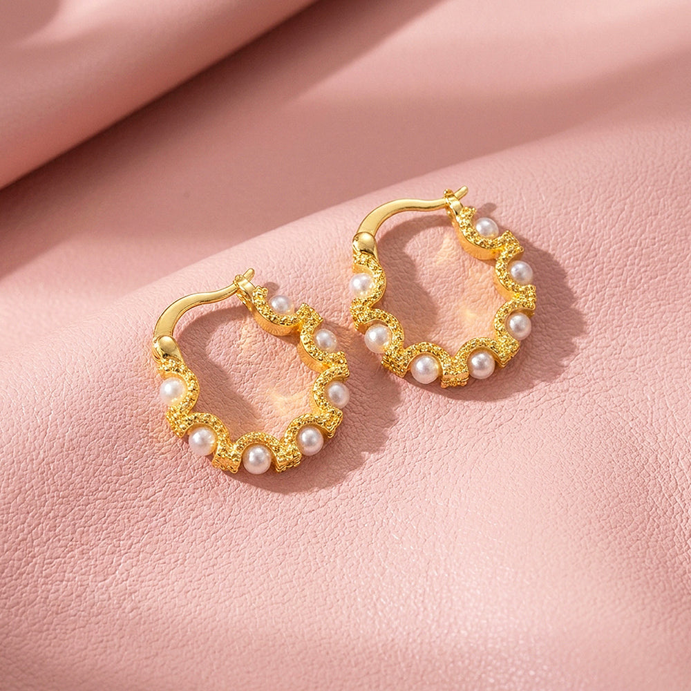 Textured Wave & Pearl-Style Hoop Earrings | Luxe3745