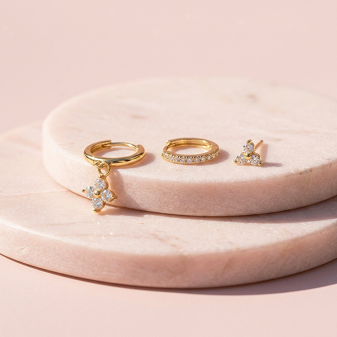 Floral Huggie Drop, Pave Huggie and Cluster Stud Earrings Set (3 Pairs) | Luxe3777