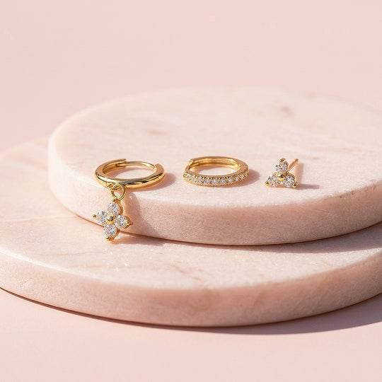 Floral Huggie Drop, Pave Huggie and Cluster Stud Earrings Set (3 Pairs) | Luxe3777