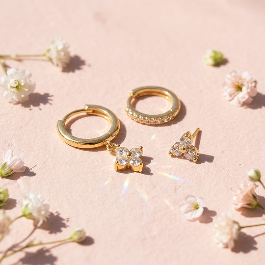 Floral Huggie Drop, Pave Huggie and Cluster Stud Earrings Set (3 Pairs) | Luxe3777