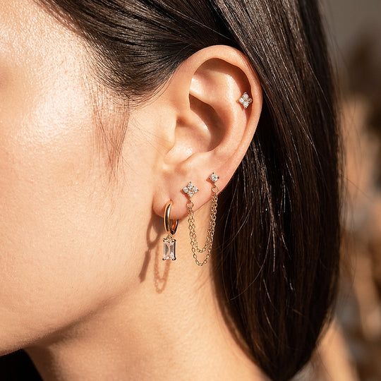 Floral Chain and Baguette Huggie Earrings Set (3 Pairs) | Luxe3781