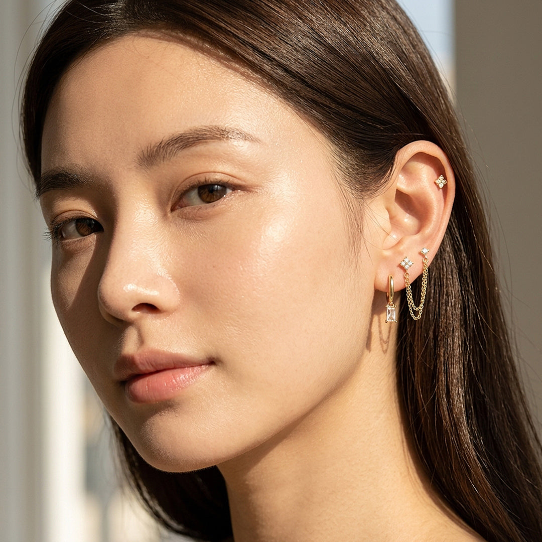 Floral Chain and Baguette Huggie Earrings Set (3 Pairs) | Luxe3781