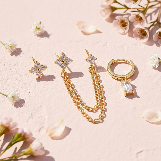 Floral Chain and Baguette Huggie Earrings Set (3 Pairs) | Luxe3781