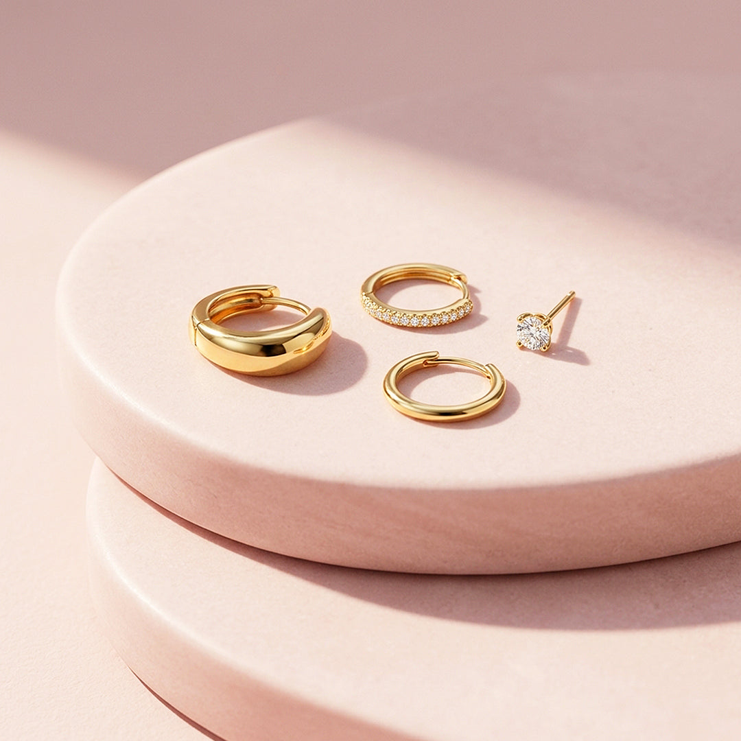 Dome, Pave Huggie and Solitaire Stud Earrings Set (4 Pairs) | Luxe3786