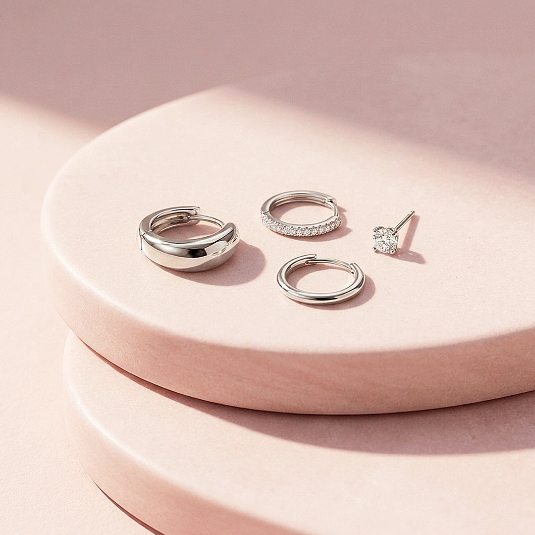 Dome, Pave Huggie and Solitaire Stud Earrings Set (4 Pairs) | Luxe3786