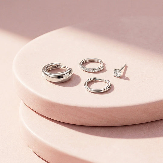 Dome, Pave Huggie and Solitaire Stud Earrings Set (4 Pairs) | Luxe3786