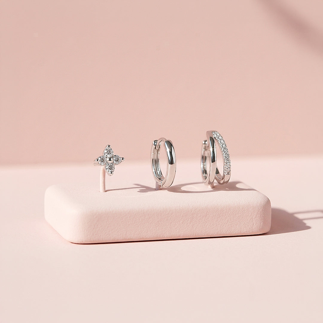 Floral Stud, Classic Huggie and Double Band Hoop Earrings Set (3 Pairs) | Luxe3789