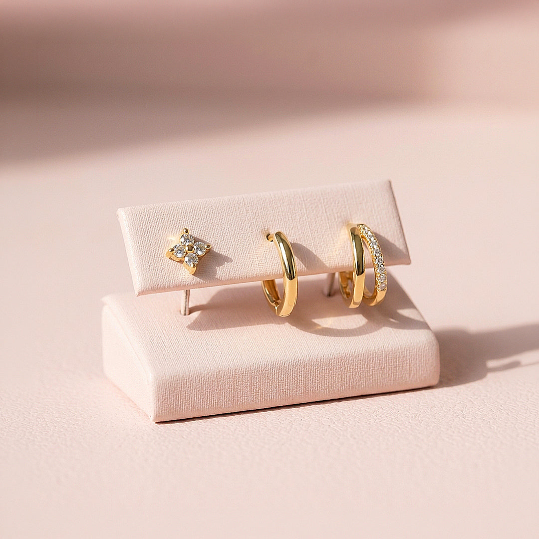Floral Stud, Classic Huggie and Double Band Hoop Earrings Set (3 Pairs) | Luxe3789