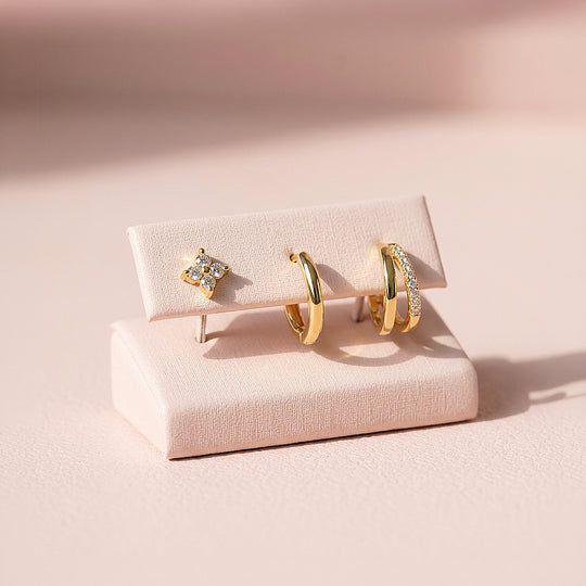 Floral Stud, Classic Huggie and Double Band Hoop Earrings Set (3 Pairs) | Luxe3789